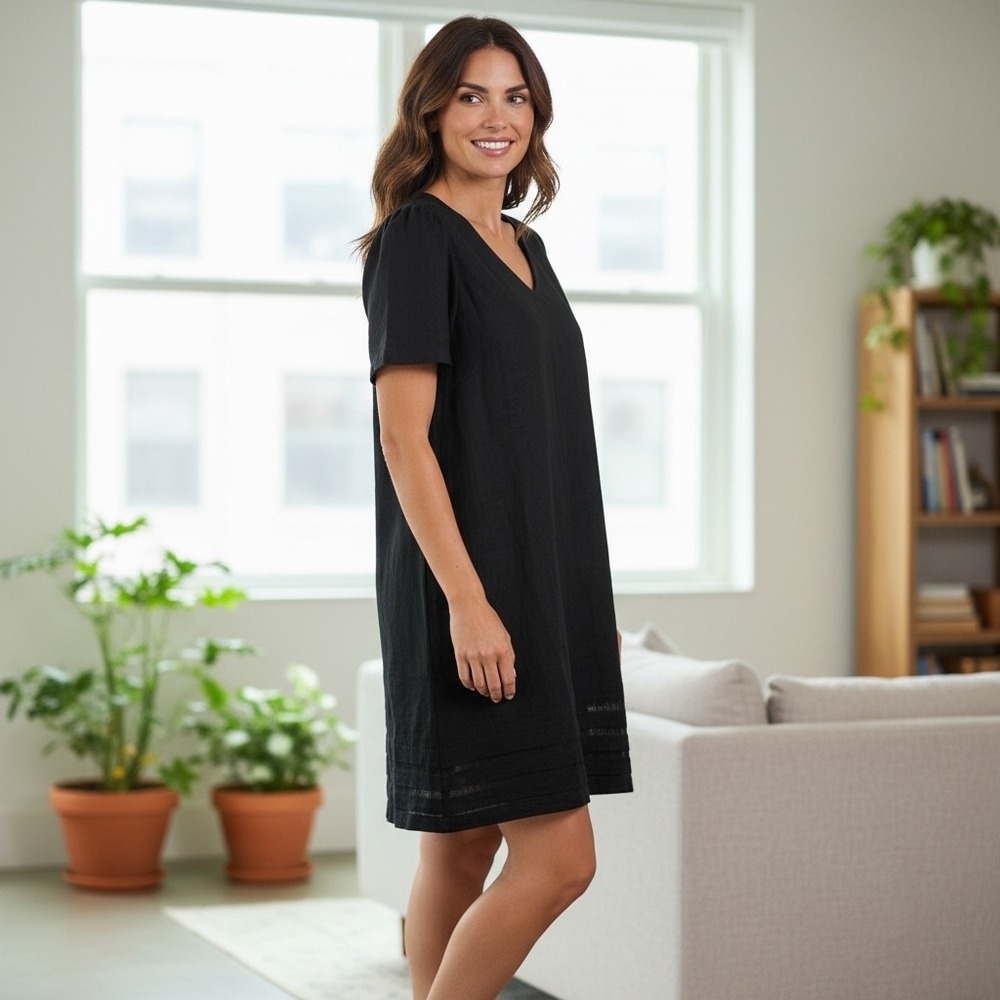 NICOLE MILLER‎ Black V-Neck Short Sleeve Linen Blend Shift Dress Size M Travel